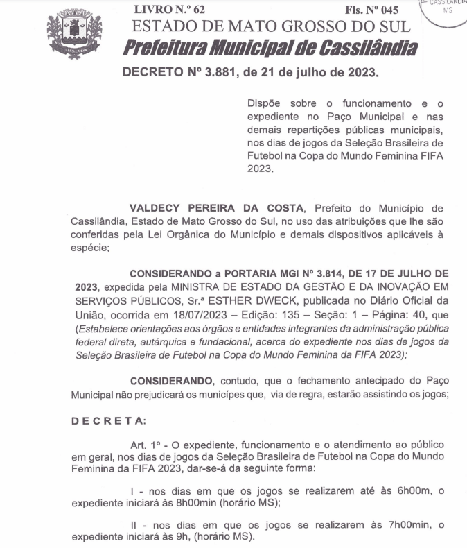 Prefeito altera horário de expediente em dias de jogos da Seleção